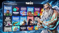 A promotional banner for 1win features Zeus holding lightning bolts alongside game tiles for titles like "Big Bass Christmas," "Mines," "Joker Stoker," "The Dog House," "Master of Olympus," "Gates of Olympus," "Coin UP," "Marilyn Monroe," "Toshi Video Club," and "Big Bass Floats my Boat," advertising a "$200,000 USDT" tournament with the tagline "Participating games" and "1win" branding. The image visually highlights the diverse slot and quick games that contribute to the tournament's point-based scoring system described in the post.
