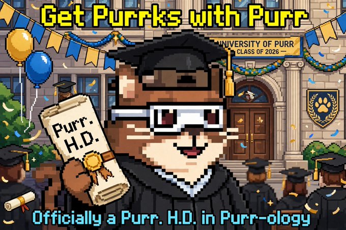 Pixel art graduation scene showing a cat graduate holding a 'Purr H.D.' diploma with text reading 'Get Purrrks with Purr — University of Purr, Class of 2026 — Officially a Purr. H.D. in Purr-ology.'