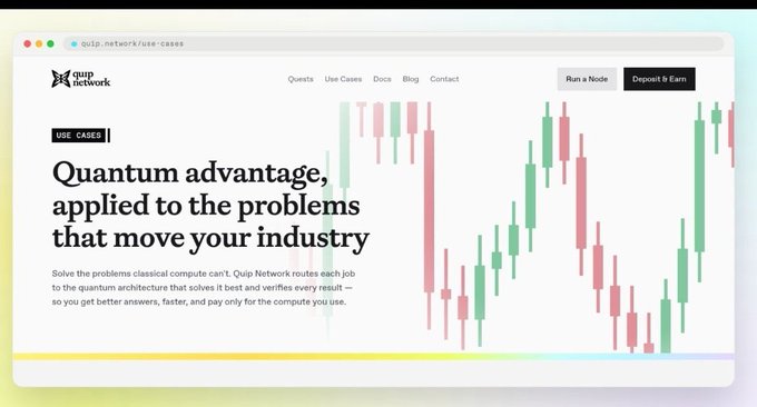 A website header for 'Quip Network' displaying the tagline 'Quantum advantage, applied to the problems that move your industry,' accompanied by a candlestick chart graphic in red and green.
