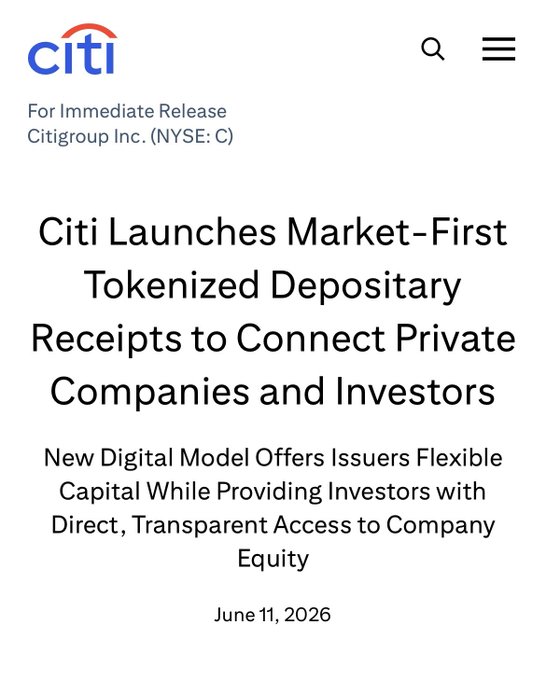 The image shows a white document with black text, most likely an article or report, placed on a gray background. It appears to be related to investing in private companies as the focus of the content. The title of the post reads "Citi Launches Market First tokenized depositary Receipts to Connect Private Companies and Investors". This implies that Citi is launching a new digital model offering for investors, providing flexible capital while catering to investors with specific needs like liquidity requirements or transparency. The post also mentions how these tokenized depositaries can benefit both companies and individuals in terms of direct access, transparent equity, and the ability to invest in private companies, as well as how they can help provide a more efficient trading system for investors.