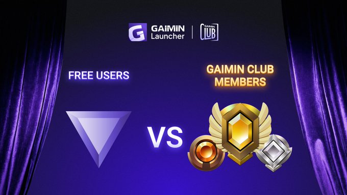 A promotional graphic showing 'GAIMIN Launcher' comparing 'FREE USERS' against 'GAIMIN CLUB MEMBERS' with a 'VS' in the middle.