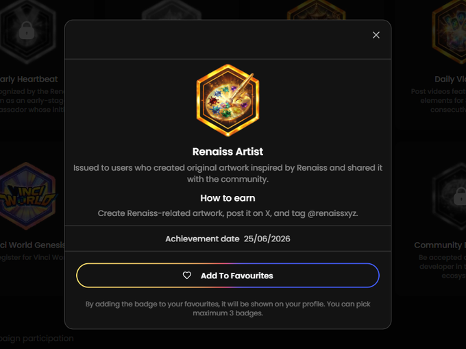The image displays a modal popup showing the "Renaiss Artist" badge details, featuring a colorful hexagonal artwork icon, instructions on how to earn it by creating and posting original Renaiss-related artwork tagged @renaissxyz on X, with an achievement date of 25/06/2026. The post promotes this as a fun weekend activity where anyone can earn this hidden community badge through their own creative artwork.