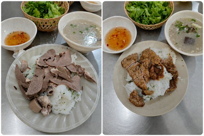 Two side-by-side photos of Vietnamese-style meals featuring rice vermicelli topped with sliced beef (left) and grilled meat (right), each accompanied by a bowl of broth, fresh herbs, and a dipping sauce.