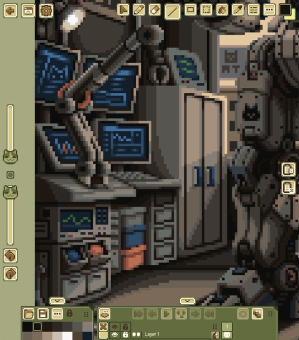 A pixel-art illustration of a cluttered tech workspace featuring computer monitors displaying graphs, a robotic arm, a cat, and a UI interface with various tools and color palettes.