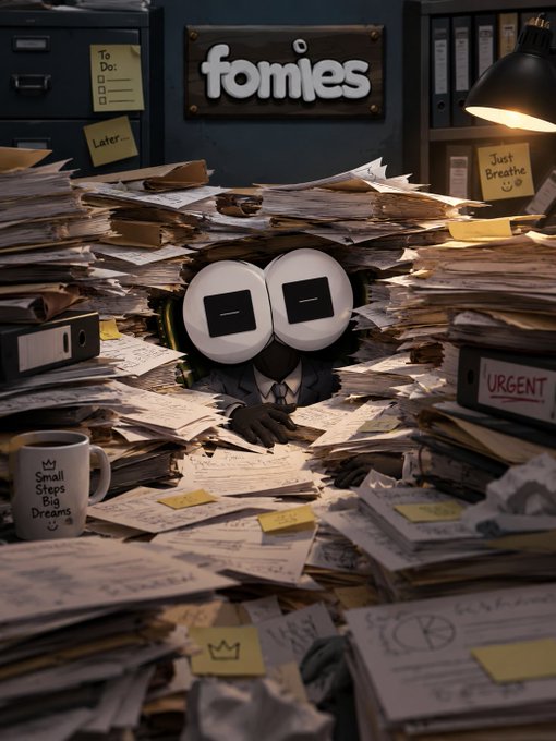 A whimsical 3D-rendered illustration of an exhausted office worker whose face has turned into the letters 'oo' and '-' buried under massive piles of paperwork, with sticky notes reading 'To Do:', 'Later...', 'Just Breathe', and 'URGENT'.