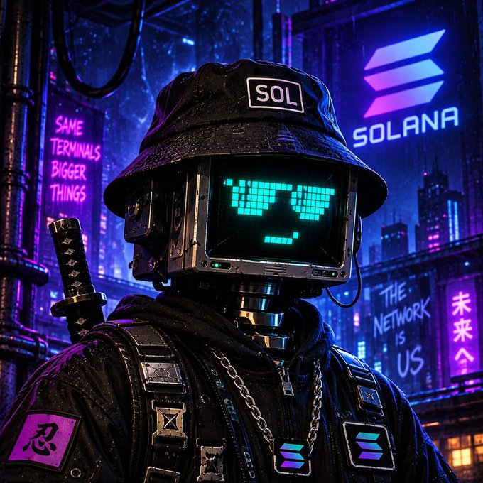 Cyberpunk-style digital art featuring a robot character with a pixelated visor displaying sunglasses, wearing a bucket hat labeled "SOL," a black jacket with patches including the Japanese character 忍, and Solana logos, set against a neon-lit cityscape with signs reading "SOLANA," "SAME TERMINALS BIGGER THINGS," "THE NETWORK IS US," and 未来へ.