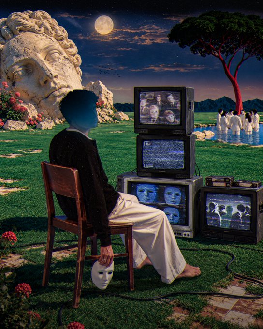 A surreal collage depicting a faceless figure seated on a chair watching stacked vintage CRT televisions displaying distorted faces, with a classical stone head sculpture and a tree in a moonlit landscape.