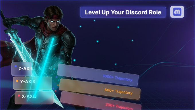 A Discord role advertisement featuring a fantasy warrior character with glowing blue swords, offering "Level Up Your Discord Role" with Trajectory tiers (200+, 600+, 1000+).