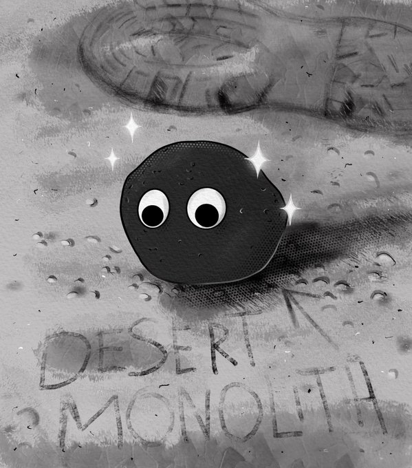 A black and white illustration of a cartoonish, sparkly rock character with googly eyes floating above a surface, with the text 'DESERT MONOLITH' written in the sand below.