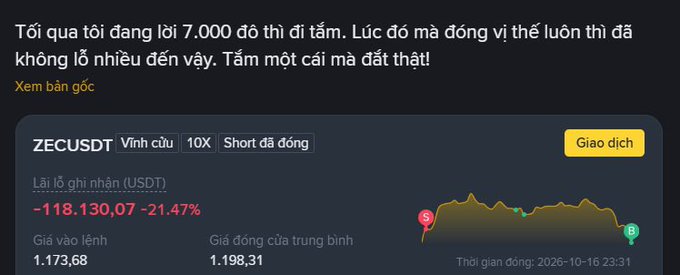 A screenshot in Vietnamese showing a massive crypto loss: 'Lãi lỗ ghi nhận (USDT) -118.130,07 -21.47%' for ZECUSDT with a steep price decline chart.