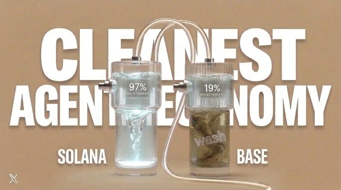 The image shows a side-by-side visual comparison of two water filtration devices, with the left labeled "SOLANA" displaying "97% REAL SETTLEMENTS" in clear water, and the right labeled "BASE" showing only "19%" of murky water labeled "wash," set against text reading "CLEANEST AGENT ECONOMY" to illustrate how Solana's x402 settlement transactions are 97% legitimate while Base's are only 19% real.