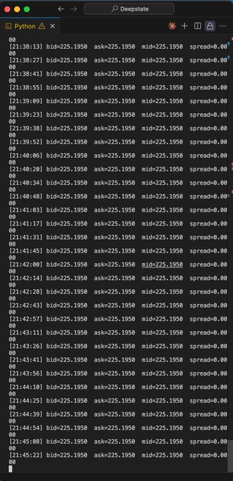 A screenshot of a code editor displaying Python output with market data timestamps showing bid=225.1950, ask=225.1950, mid=225.1950, and spread=0.00 repeating.