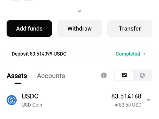 A digital wallet interface shows a completed deposit of 83.514099 USDC, bringing the user's USDC balance to 83.514168 (≈83.50 USD), with options to add funds, withdraw, or transfer—illustrating the Web3 payout being celebrated in the post.
