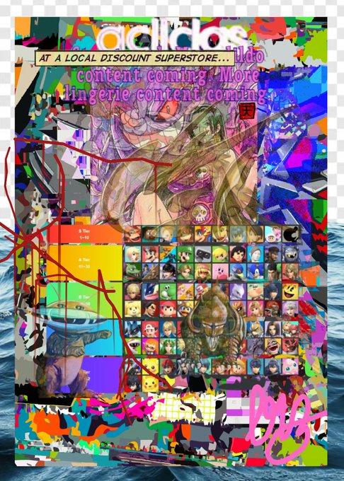 A chaotic, colorful digital collage with layered graphics, anime imagery, a color test chart, and text reading 'AT A LOCAL DISCOUNT SUPERSTORE' and 'content coming' repeated over a pixelated sea background.