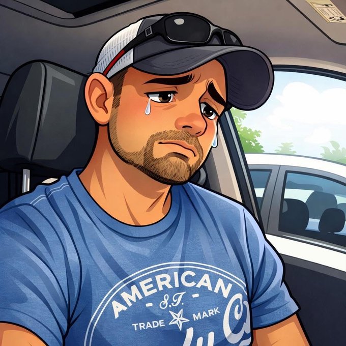 A cartoon man in an "American Trade Mark" t-shirt, cap, and sunglasses sheds a tear while sitting in a car, humorously capturing the post's mood of "financial trauma" from a red crypto candle.