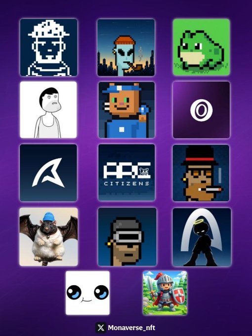 A purple-themed grid displays 14 pixel-art and stylized NFT project logos, including recognizable characters like a green slime, a miner, a bat, a knight, and various pixelated figures, with "Arc Citizens" prominently featured. At the bottom, text reads "Monaverse_nft" alongside an "X" icon, representing the upcoming NFT and gaming projects on the Arc network mentioned in the post.