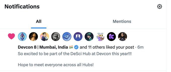 A social media 'Notifications' screenshot showing a post by 'Devcon 8 | Mumbai, India' that reads 'So excited to be part of the DeSci Hub at Devcon this year!!! Hope to meet everyone across all Hubs!' liked by 12 users.