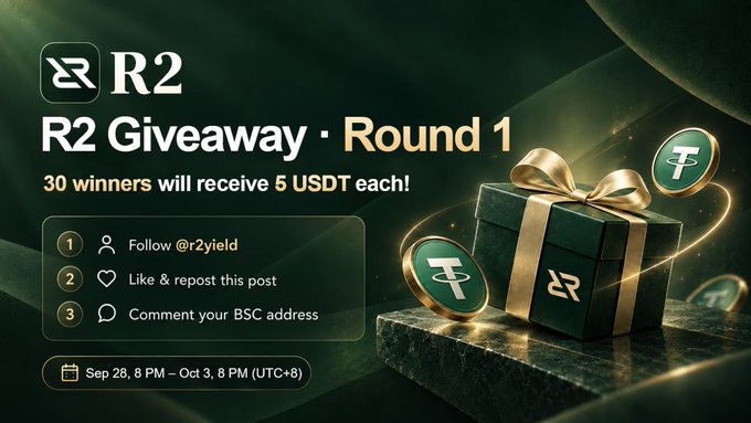 An R2 Giveaway promotional graphic announces 30 winners will receive 5 USDT each, with steps to follow @r2yield, like & repost, and comment with a BSC address.