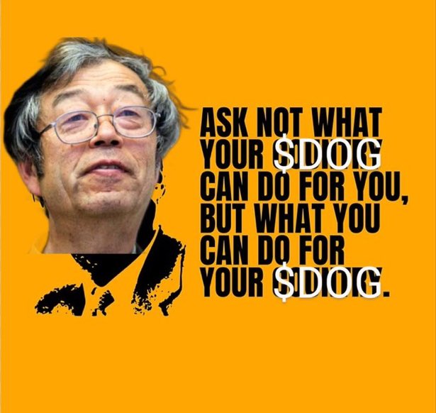A satirical poster featuring an older Asian man beside bold text parodying JFK's famous quote, reading: 'ASK NOT WHAT YOUR $DOG CAN DO FOR YOU, BUT WHAT YOU CAN DO FOR YOUR $DOG.'