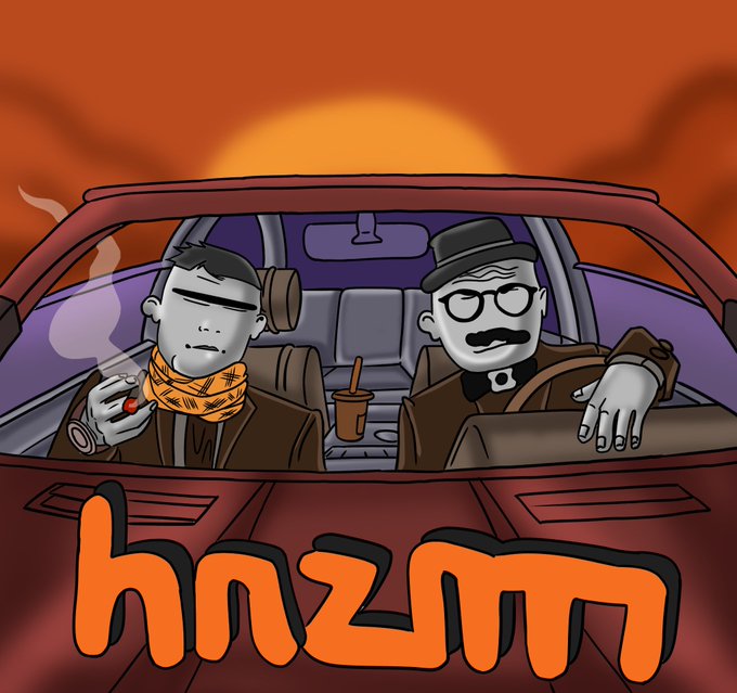 Cartoon illustration of two stylized men in a car at sunset—one smoking with an orange bandana, the other as a driver in a hat and glasses—with the word 'hazm' in orange graffiti-style letters below.