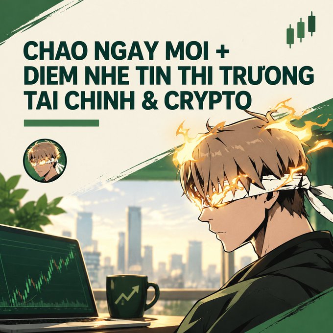 Vietnamese-language graphic with text 'CHAO NGAY MOI + DIEM NHE TIN THI TRUONG TAI CHINH & CRYPTO' (Good morning + brief news on financial & crypto markets), featuring an anime-style character with fiery eyes at a laptop showing a trading chart alongside a green coffee mug.