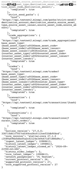 The image shows a JSON configuration file for Stellar testnet2 endpoints with timestamp 07:42 and cursor/ledger values like horizon_version "27.0.0-" and core_latest_ledger "10988613", illustrating that the testnet is running on protocol version 27 while mainnet remains on v26—supporting the post's claim about Stellar's upcoming network upgrade.