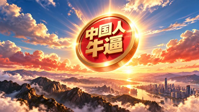 A dramatic sky scene at sunset with a golden coin bearing the Chinese characters "中国人牛逼" (Chinese people are awesome) floating over a mountainous landscape and a river leading to urban development.