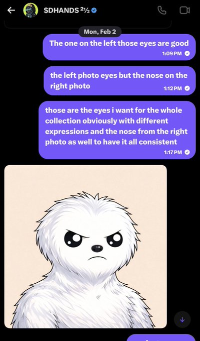 Telegram chat with SDHANDS showing messages about character design preferences for 'eyes' and 'nose' consistency, alongside an illustration of an angry fluffy white creature.