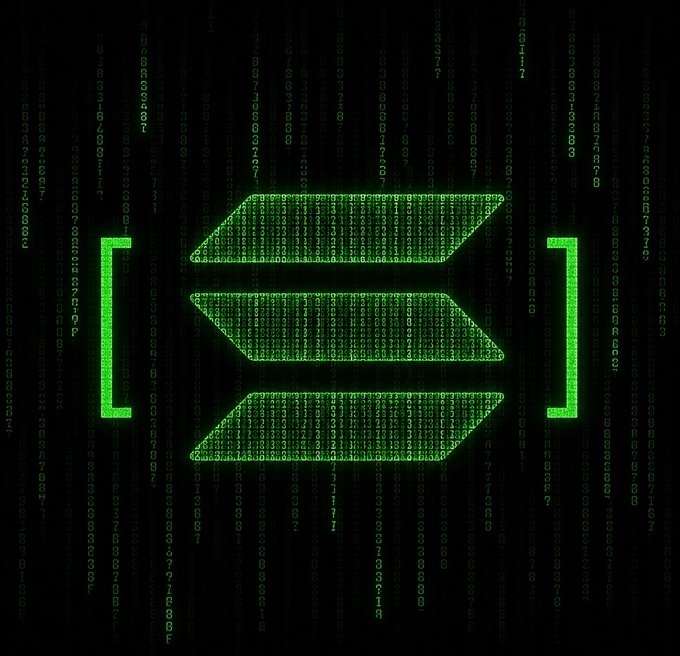 The image displays a green Solana logo, composed of binary code (0s and 1s), set against a dark background with falling digital digits, symbolizing the cryptocurrency's technological foundation.