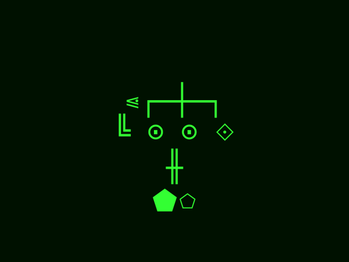A neon green pixel-art character with a square head, dot eyes, and a diamond-shaped body on a black background.