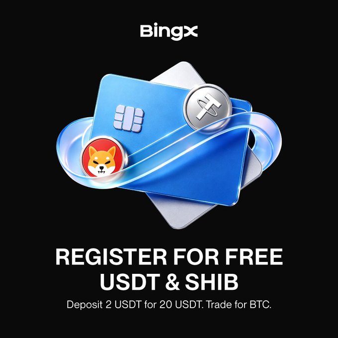 A promotional advertisement for BingX cryptocurrency exchange features a blue credit card displaying both the SHIB (Shiba Inu) dog logo and a USDT coin against a black background, with text reading "REGISTER FOR FREE USDT & SHIB" and "Deposit 2 USDT for 20 USDT. Trade for BTC."