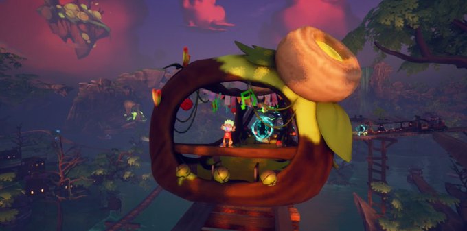 A video game scene shows a character standing on a wooden platform inside a giant peach-shaped structure in a colorful, fantasy landscape with floating islands.