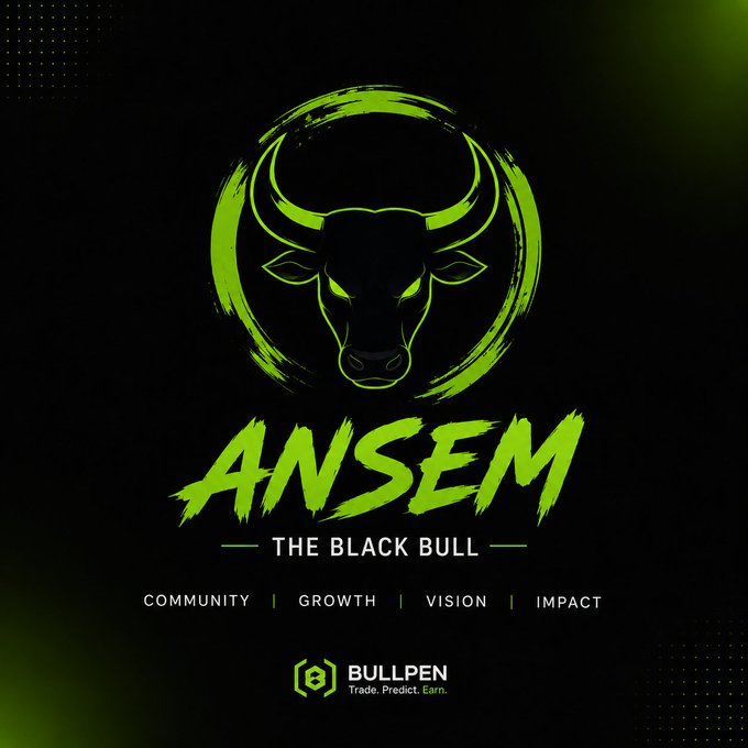 A logo graphic featuring a green bull's head in a circular brush-stroke design on a black background, with text 'ANSEM THE BLACK BULL' and tagline 'COMMUNITY | GROWTH | VISION | IMPACT', plus 'BULLPEN Trade. Predict. Earn.' at the bottom.