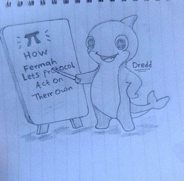 A pencil sketch on lined notebook paper of a cartoon shark-like creature labeled 'Dredd' pointing to an easel with the text 'π How Fermah Lets Protocol Act On Their Own'.