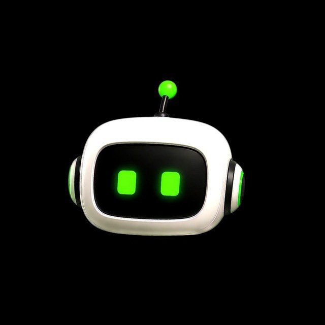 A 3D rendering of a small, white robot head with a black screen face displaying glowing green rectangular eyes, set against a black background, featuring a small green antenna on top.