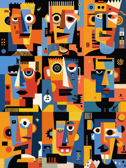 A colorful abstract cubist-style illustration composed of multiple fragmented faces with bold geometric shapes and warm colors.