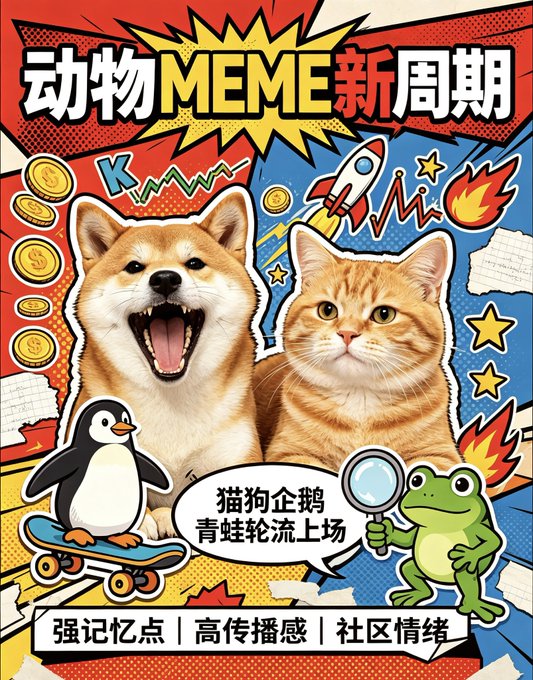 A vibrant pop-art style meme poster featuring a Shiba Inu dog, an orange tabby cat, a penguin on a skateboard, and a frog with a magnifying glass, with Chinese text reading "动物MEME新周期" (Animal MEME New Cycle) at the top, "猫狗企鹅青蛙轮流上场" (Cats, dogs, penguins, frogs take turns) in a speech bubble, and "强记忆点 | 高传播感 | 社区情绪" (Strong memory points | High spread feel | Community sentiment) at the bottom.