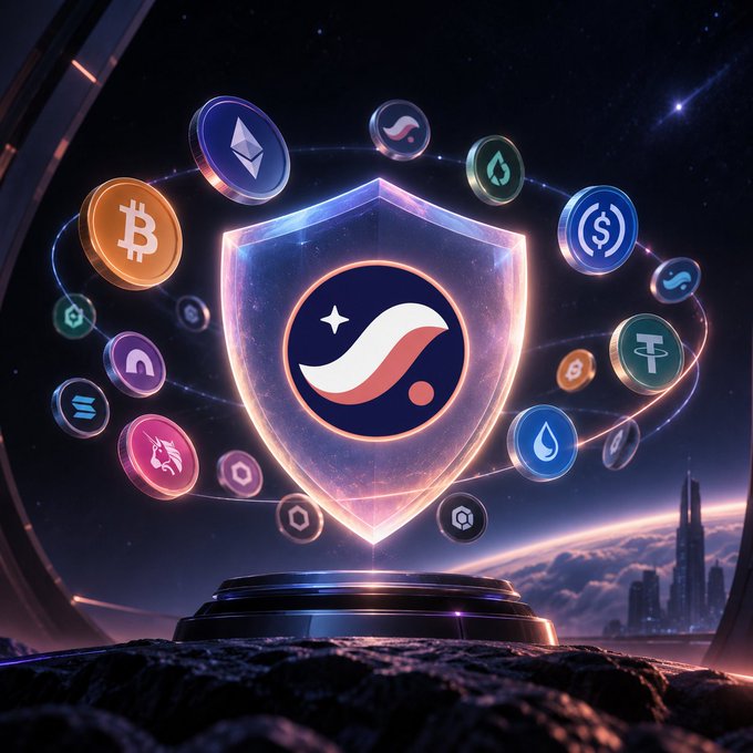 A futuristic space-themed illustration featuring a glowing shield with a wave logo surrounded by various cryptocurrency coins including Bitcoin, Ethereum, and others floating above a planetary horizon.