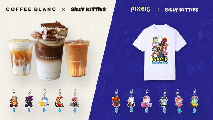 A collaboration advertisement showing Coffee Blanc × Silly Kitties iced coffees and Pixels × Silly Kitties merchandise, including a white t-shirt and character keychains.