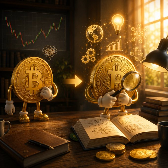 The image shows two cartoonish Bitcoin coins—one appearing naive and unaware on the left, and one on the right holding a magnifying glass with glowing icons of a globe, lightbulb, bar charts, and networks symbolizing deeper understanding—surrounded by financial charts, study books, and golden coins on a desk, illustrating the post's message that holding even a small amount of Bitcoin transforms it from an abstract number into a curiosity that drives you to learn what it truly is and why its price moves.