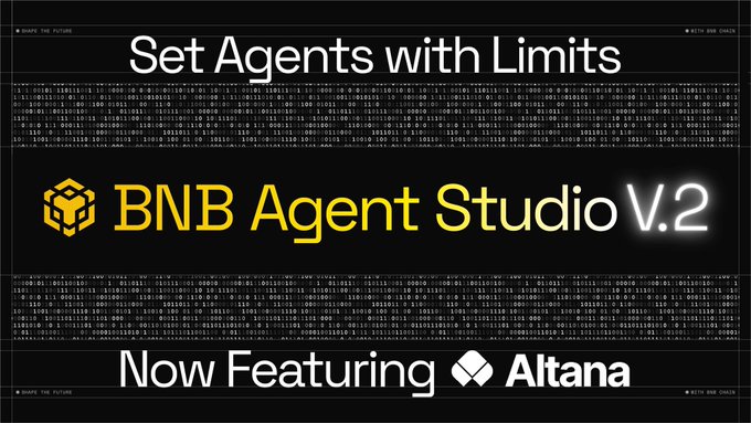 The image promotes BNB Agent Studio V.2, announcing that agents can now be configured with spending limits, and highlights a new integration with Altana, which serves as a wallet option allowing agents to act on user funds without holding their private keys. The accompanying post expands on this by explaining that Altana enables AI agents to transact securely with onchain, verifiable permissions.