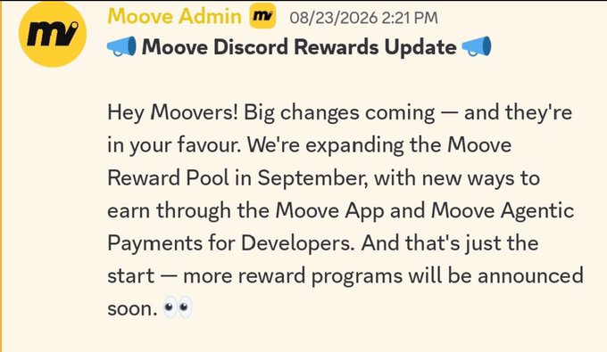 A Discord announcement from 'Moove Admin' dated 08/23/2026 titled 'Moove Discord Rewards Update' announces an expansion of the Moove Reward Pool in September with new ways to earn through the Moove App and Moove Agentic Payments for Developers.