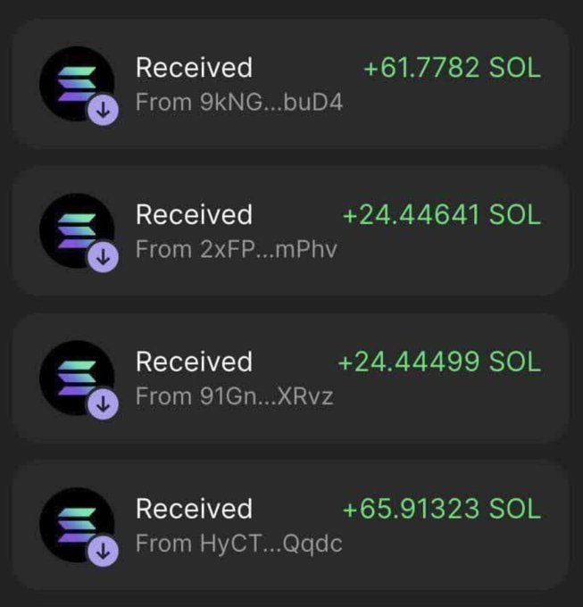 A dark-themed mobile app screen showing four received cryptocurrency transactions in SOL (Solana), with amounts of +61.7782, +24.44641, +24.44499, and +65.91323 from various anonymous sender addresses.