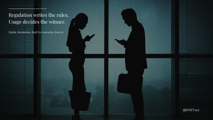 The image shows a man and woman standing next to each other, both looking at their cell phones. The text above them reads "Regulation writes the rules. Usage decides the winner." This quote suggests that the use of technology, such as smartphones, can influence the outcome or result in various aspects of life. In this case, it seems like they are using their phones to communicate with each other and possibly make decisions based on the information available on their devices.