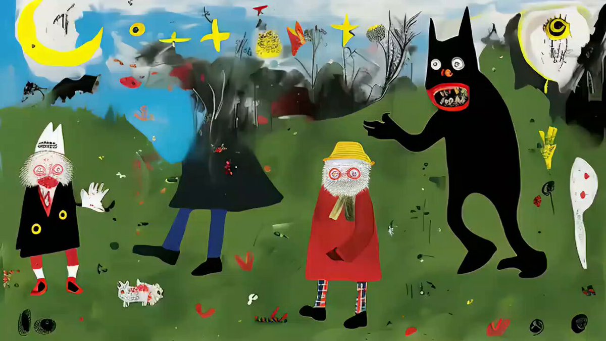 The image features a painting of four cartoon characters, including two women and one man with a dog, standing together in a field under a blue sky. The scene includes elements such as trees, flowers, and a crescent moon, creating an artistic and whimsical atmosphere. The painting is accompanied by the text "//optimism// Just sold @objktcom Thanks". This suggests that someone has purchased or created this artwork for their home or office, possibly to add a touch of creativity and positivity to their space.