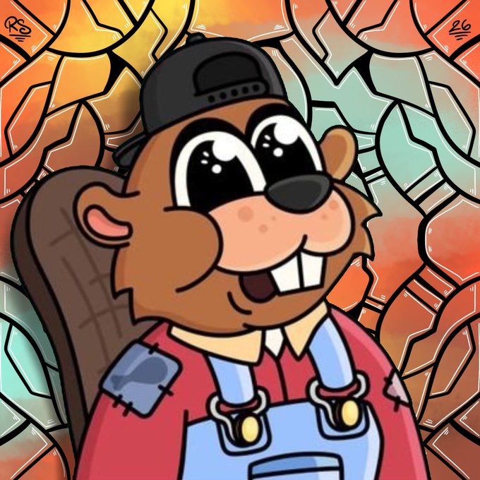 A cartoon beaver character wearing a backward black cap, red shirt, and blue overalls smiles cheerfully against a vibrant, colorful geometric background. The whimsical NFT artwork complements the post's cheerful morning greeting, with the beaver's friendly expression matching the upbeat tone of wishing mutuals a "super duper day" and crediting @rocsolmiami for the upgrade.