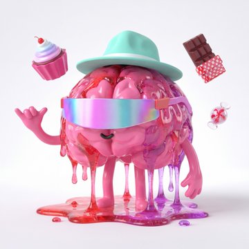 A pink, melting 3D-rendered character wearing a mint green hat and colorful rainbow sunglasses gives a shaka sign, surrounded by floating sweets including a cupcake, chocolate bar, and candy.