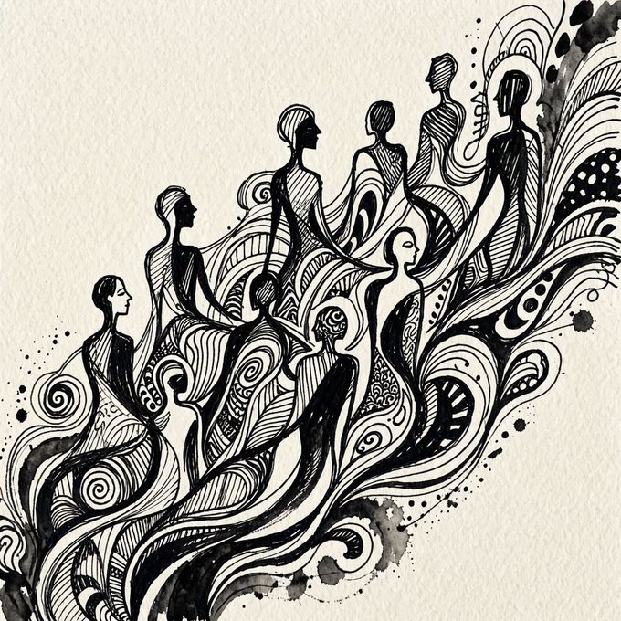 A black and white ink drawing in an Art Nouveau style depicting a series of elongated female figures flowing together with swirling, wave-like patterns.