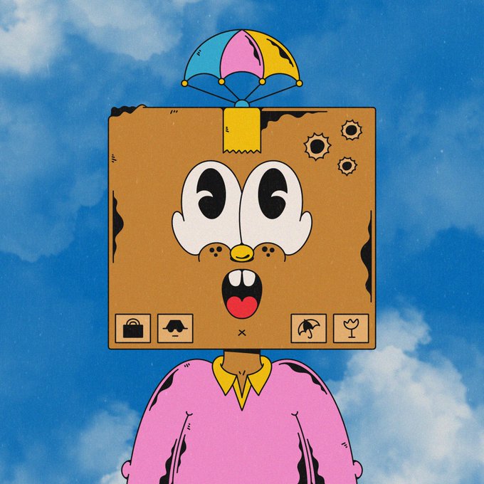 A cartoon character named Delpi from @wacky_ville is depicted with a cardboard box over his head, featuring wide cartoon eyes, a smiling mouth, and a small colorful parachute attached to the top, floating against a blue sky with clouds. The character wears a pink shirt with a yellow collar, and the box has small icons at the bottom corners, fitting the whimsical art style of the @maccurated collection.
