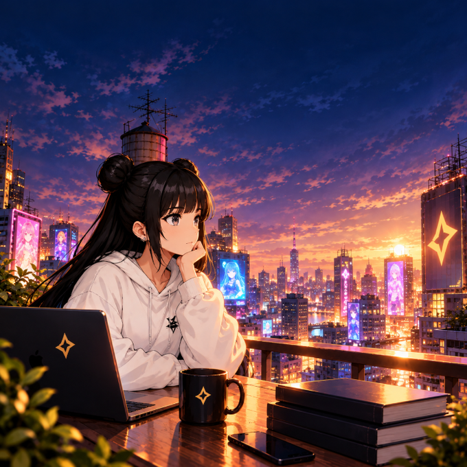 Anime-style digital illustration of a young woman with dark hair sitting at a rooftop table with a laptop and mug, gazing at a vibrant futuristic city skyline at sunset with illuminated billboards.